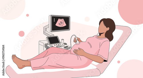 Pregnant Woman Undergoing Ultrasound Examination, Showing Baby on Screen