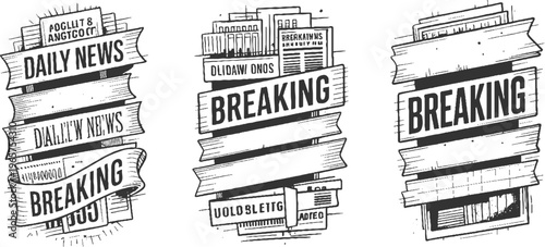 Black and white banners with breaking news and daily news headlines in vintage newspaper style
