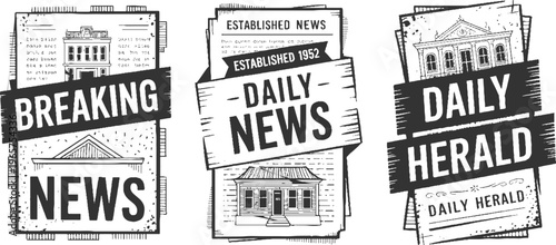 Three vintage newspaper headlines breaking news and daily herald with architectural