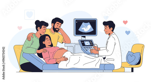 Pregnant Woman Undergoing Ultrasound with Family Support