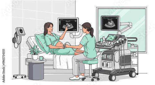 Pregnant woman undergoing ultrasound scan with medical professional showing baby on screen