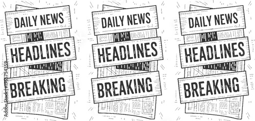 Three black and white newspaper headline signs reading daily news headlines breaking news in a repeating pattern