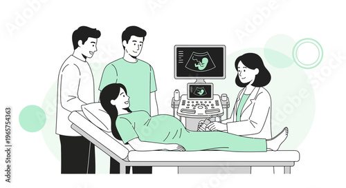 Pregnant Woman Undergoing Ultrasound with Partner and Doctor, Family Planning
