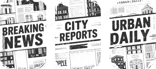 Black and white newspaper headlines breaking news city reports urban daily with architectural