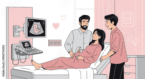 Pregnant woman undergoing ultrasound with supportive partners in clinic