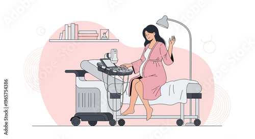 Pregnant Woman Waving During Ultrasound Exam in Clinic