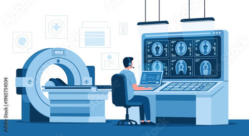Radiologist analyzing CT scan results on a computer next to MRI machine