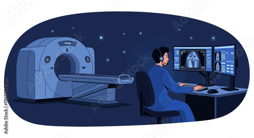 Radiologist analyzing CT scan results on computer screen with MRI machine in background