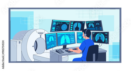 Radiologist analyzing lung scans on multiple monitors with CT scanner in medical office