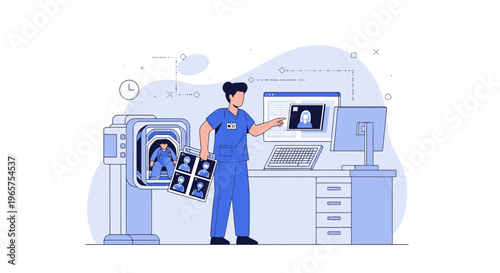 Radiologist analyzing medical scans on computer, advanced diagnostic equipment in clinic