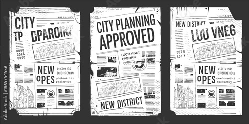 Three vintage newspaper clippings detailing city planning and new district development with architectural