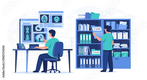 Radiologist Analyzing Medical Scans in Office with Digital Records and Physical Files