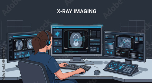 Radiologist Analyzing Medical Scans on Computer Monitors in Modern X-Ray Imaging Room