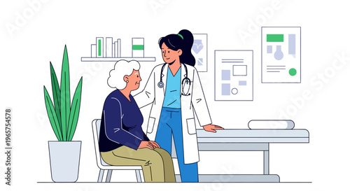 Female Doctor Consulting Senior Woman in Clinic