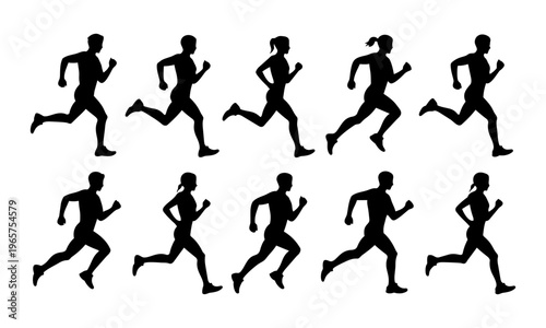 Multiple runners in motion depicted in a sequence of black silhouettes on a white background
