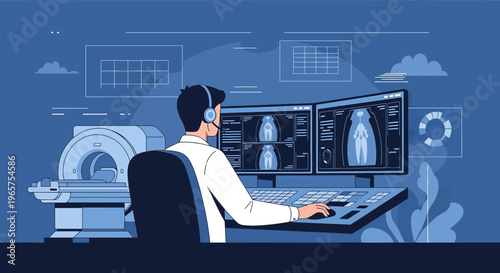 Radiologist analyzing medical scans on computer, MRI machine in clinic
