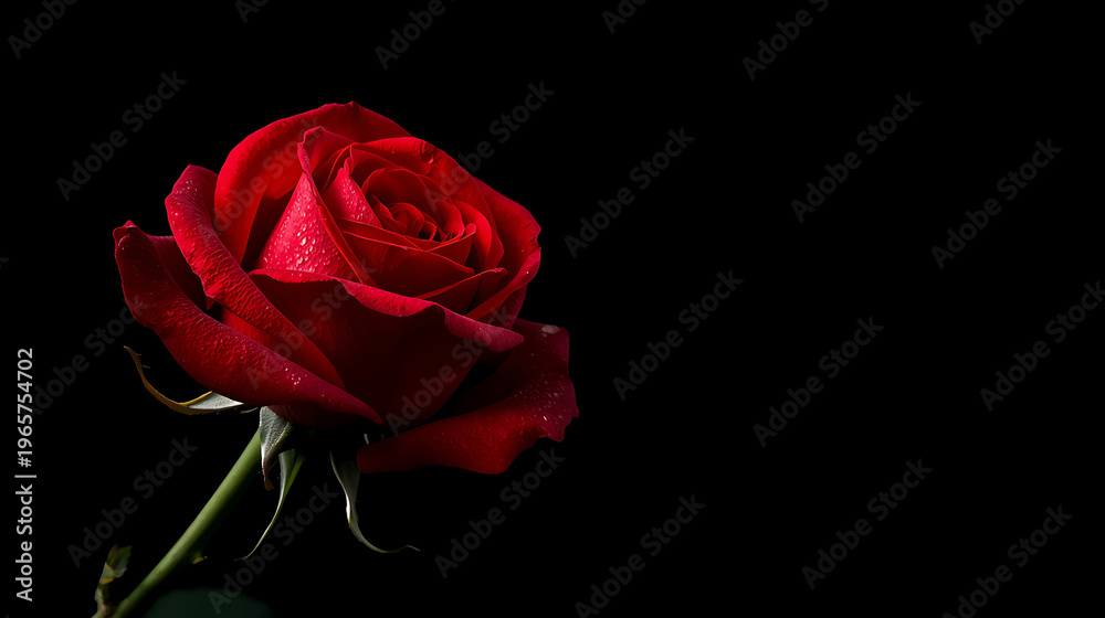 Naklejka premium This image features a single vibrant red rose isolated against a solid black background