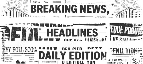 Black and white newspaper headlines and architectural with distressed texture breaking daily