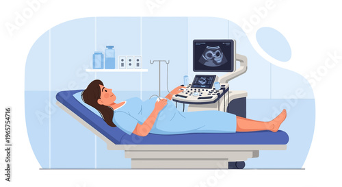 Pregnant Woman Undergoing Ultrasound Examination in Medical Clinic