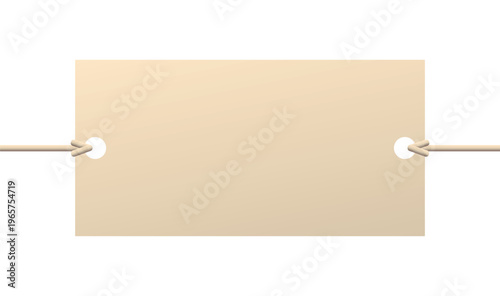 Empty rectangular beige label held by side cords, with free space for text or graphics, suitable for various promotional or informational purposes on a white background.