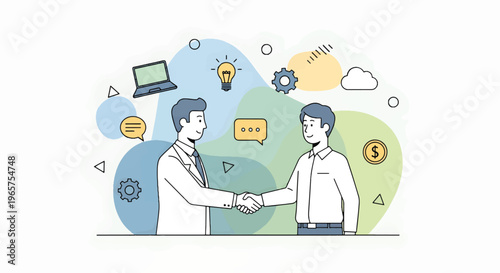 Two businessmen shaking hands in a modern office setting with technology symbols around them in a professional environment.