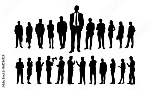 Business people standing in rows with one leader or boss figure standing out from the crowd alone on top