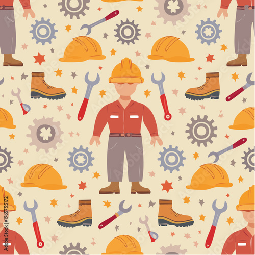 Seamless pattern of construction workers, safety helmets, boots, and tools, ideal for industrial and labor day designs