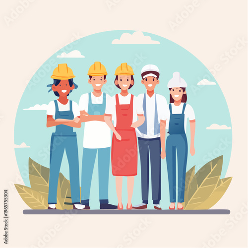 Smiling and diverse team of skilled construction workers in various uniforms and hard hats, standing united and ready for work, symbolizing collaboration and essential labor