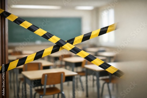 Warning tape across empty classroom, education disruption concept