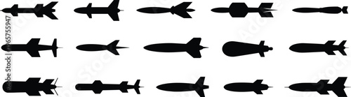 Bomb silhouette icons collection, missile design illustration, military weapon artwork, defense technology concept, aerospace projectile graphic, war equipment symbol
