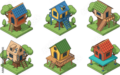 Collection of Six Colorful Isometric Treehouse Illustrations Featuring Wooden Cabins on Stilts with Ladders Balconies and Green Trees for Gaming Graphics and Architectural Design