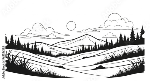 Black and white mountain landscape.