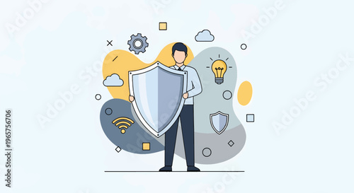 A person holds a shield in front of various icons and symbols in a modern flat vector illustration.
