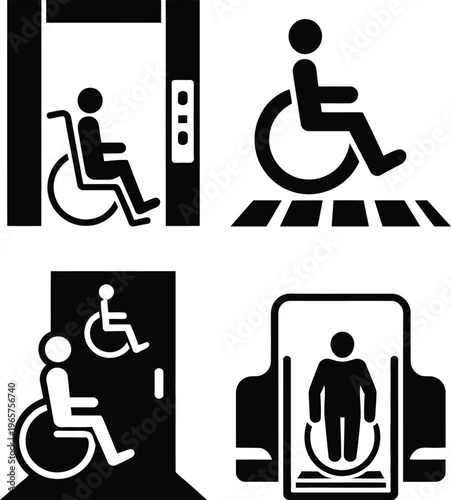 Accessibility symbols for wheelchair users in various settings