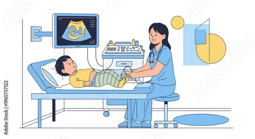 Pediatric Ultrasound: Doctor Performing Sonogram on Child Patient in Clinic