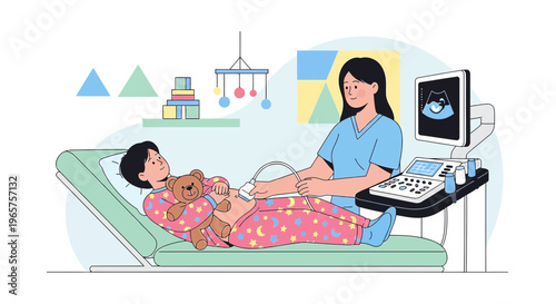 Pediatric Ultrasound: Doctor Performs Sonogram on Child Patient with Teddy Bear