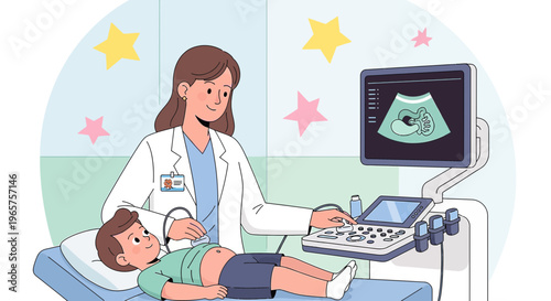 Pediatric Ultrasound Examination: Doctor Performing Sonogram on Child Patient in Clinic