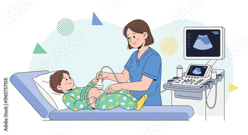 Pediatric Ultrasound Examination: Doctor Performing Sonography on Child Patient in Clinic