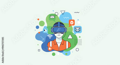 A modern flat vector illustration depicts a worker wearing a VR headset surrounded by tech icons in a virtual environment from a front view perspective.