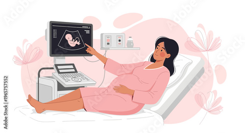 Pregnant Woman Points at Ultrasound Scan Showing Baby, Medical Examination, Maternity Care