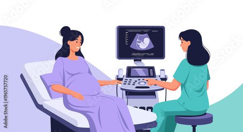 Pregnant Woman Undergoing Ultrasound Examination by Doctor in Clinic