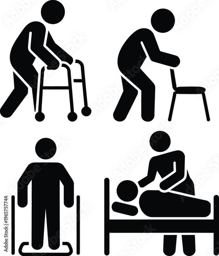 Icons depicting elderly care and mobility assistance scenarios