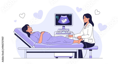Pregnant Woman Undergoing Ultrasound Examination by Doctor, Baby Image on Screen