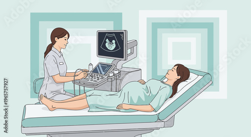 Pregnant Woman Undergoing Ultrasound Examination by Medical Professional in Clinic