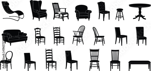 chair and furniture silhouette set, armchair sofa stool table collection, interior design elements, home decor, isolated, classic modern styles, seating variety