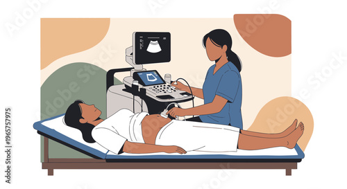 Pregnant Woman Undergoing Ultrasound Examination by Technician in Medical Clinic