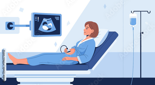 Pregnant woman undergoing ultrasound examination in a modern clinic, showing baby on screen