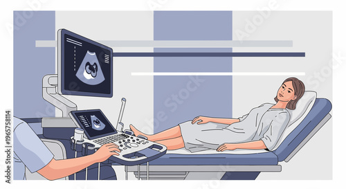 Pregnant woman undergoing ultrasound examination in a modern clinic, showing baby on screen