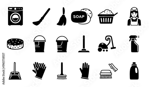 House Cleaning Solid Icon Set, Home Hygiene Tools Vector Collection