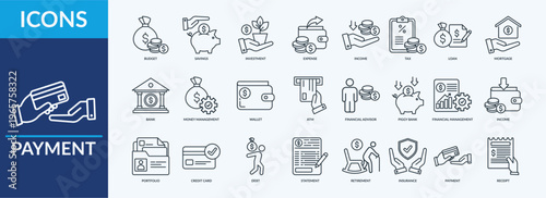 Payment - Icon Collection. Thin outline lineal Set contains such Icons as budget, savings, investment and more. Simple web icons set